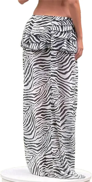 Women's Ruffled Printed Long Skirt High Waist Patchwork Striped Loose Streetwear Maxi Skirt