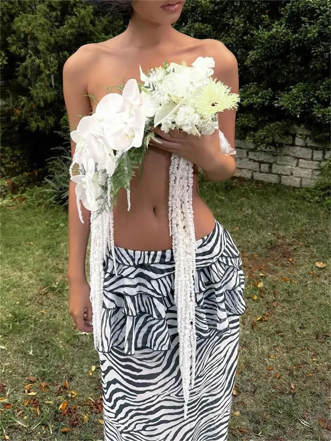 Women's Ruffled Printed Long Skirt High Waist Patchwork Striped Loose Streetwear Maxi Skirt