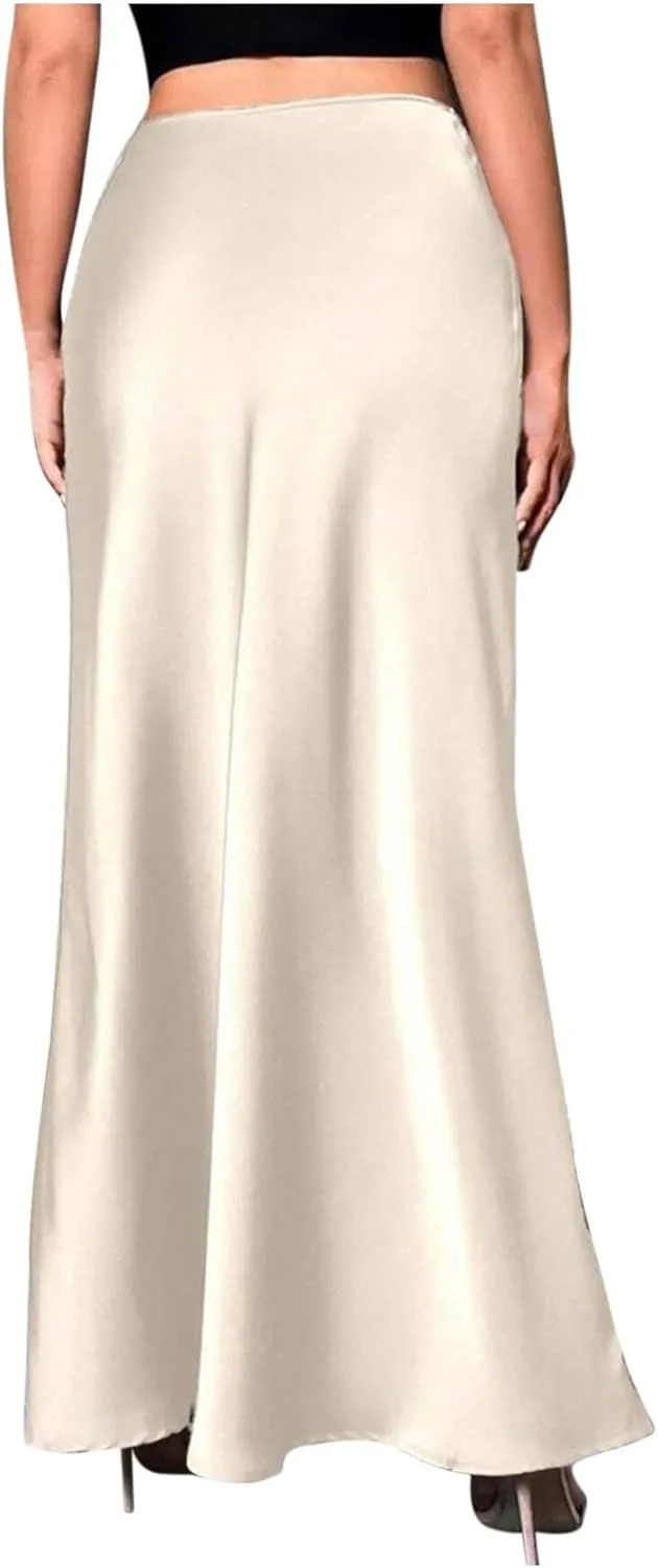 Women's Satin A-Line Midi Skirt High Waisted Zipper Flared Silk Skirts Trendy Elegant Cocktail Party Wedding Skirts