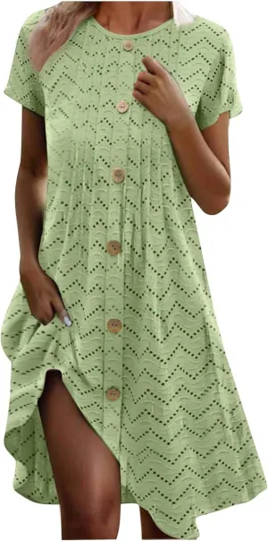 Womens Scoop Neck Casual Dress with Pocket, 2025 Summer Eyelet Dresses Trendy Casual Midi Sundress for Vacation Green