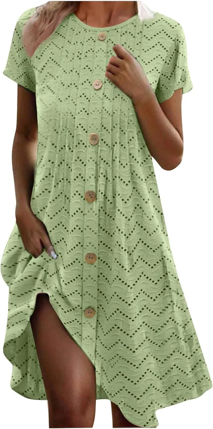 Womens Scoop Neck Casual Dress with Pocket, 2025 Summer Eyelet Dresses Trendy Casual Midi Sundress for Vacation Green