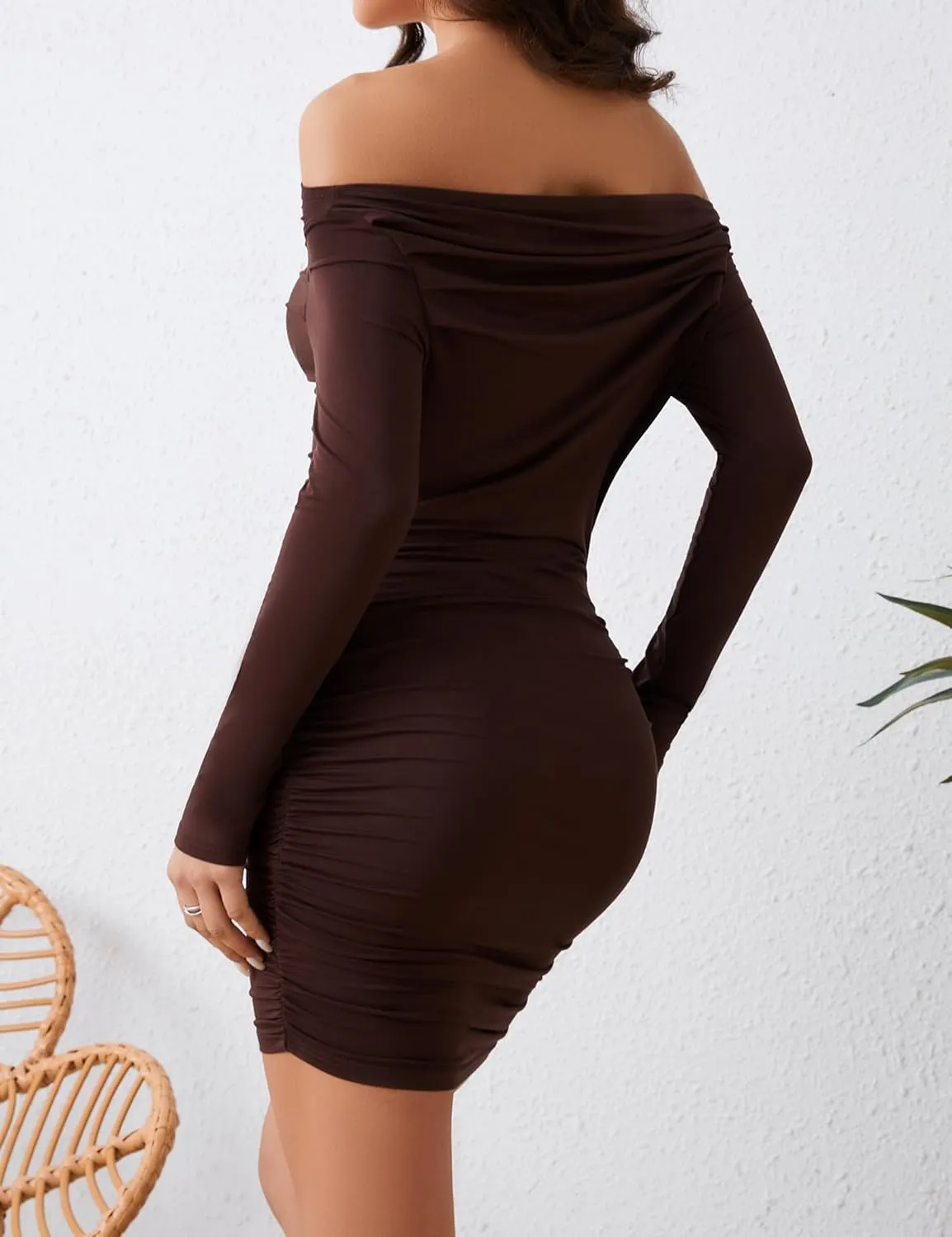 Women's Sexy Off Shoulder Ruched Bodycon Dress Long Sleeve Slim Fit Club Party Mini Dresses Basic Casual Short Dress
