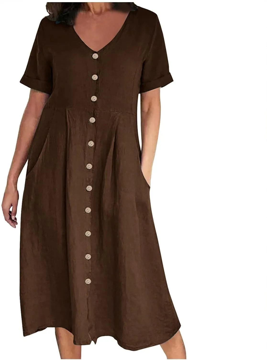 Womens Short Sleeve Casual Midi Dress Solid Color Loose Casual Cotton Linen Dresses Lightweight Sundress