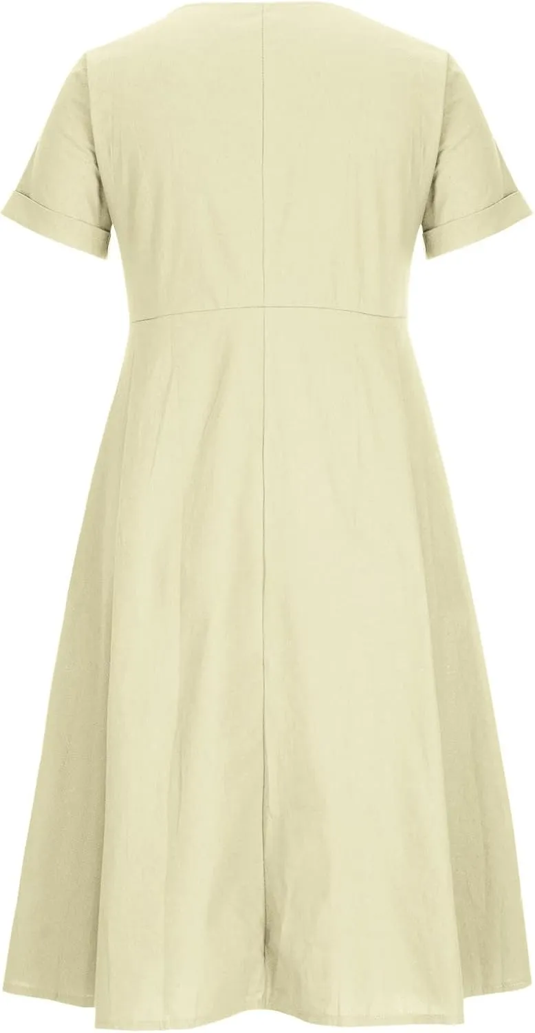 Womens Short Sleeve Casual Midi Dress Solid Color Loose Casual Cotton Linen Dresses Lightweight Sundress