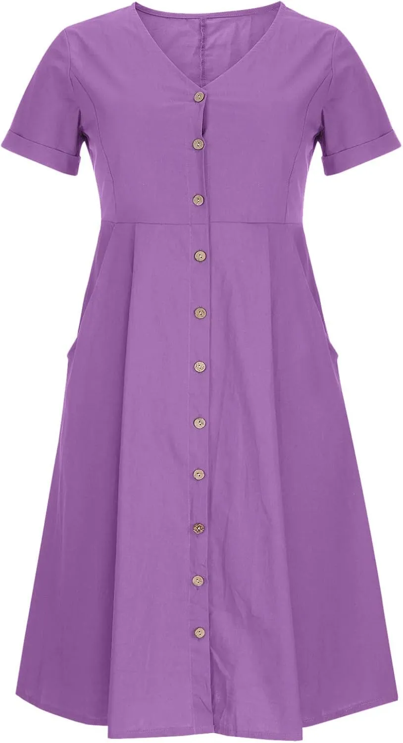 Womens Short Sleeve Casual Midi Dress Solid Color Loose Casual Cotton Linen Dresses Lightweight Sundress