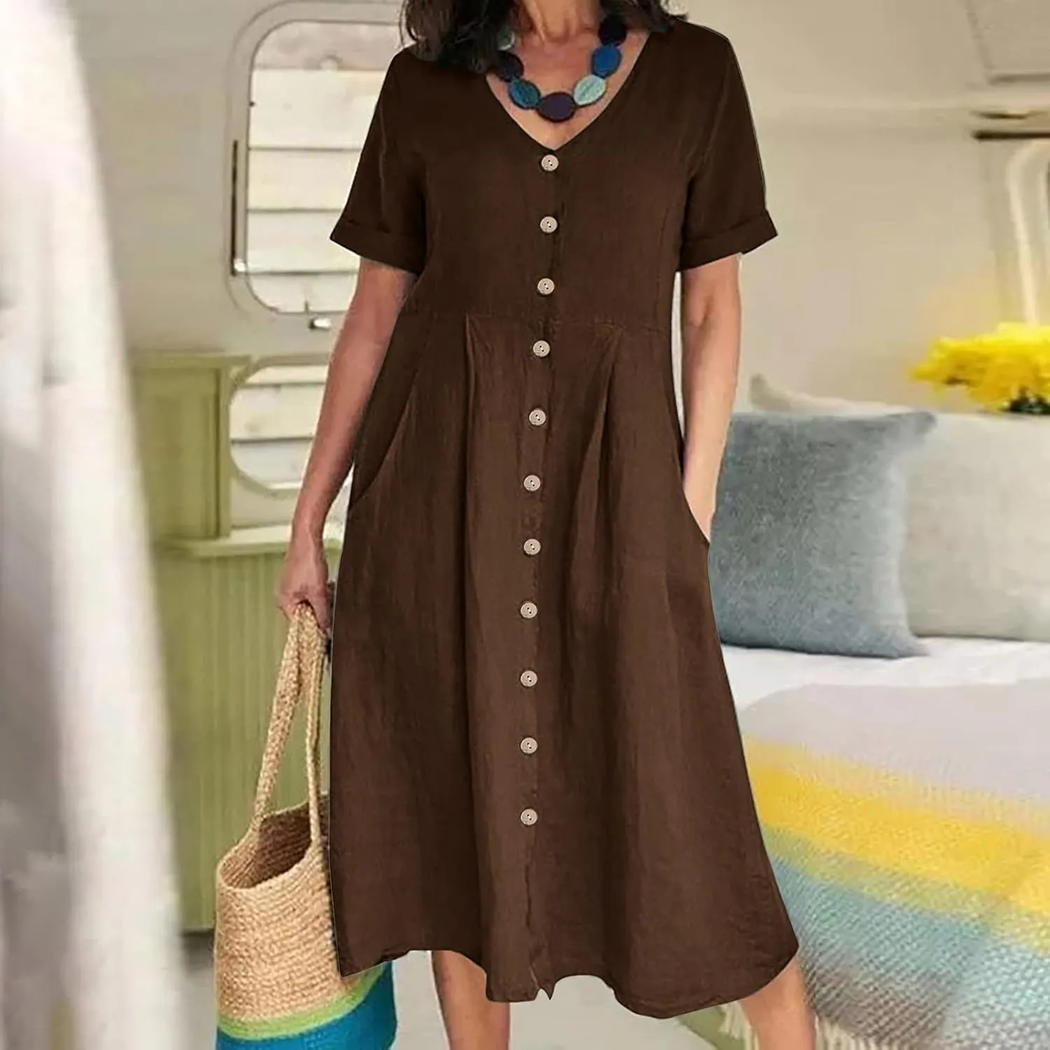Womens Short Sleeve Casual Midi Dress Solid Color Loose Casual Cotton Linen Dresses Lightweight Sundress