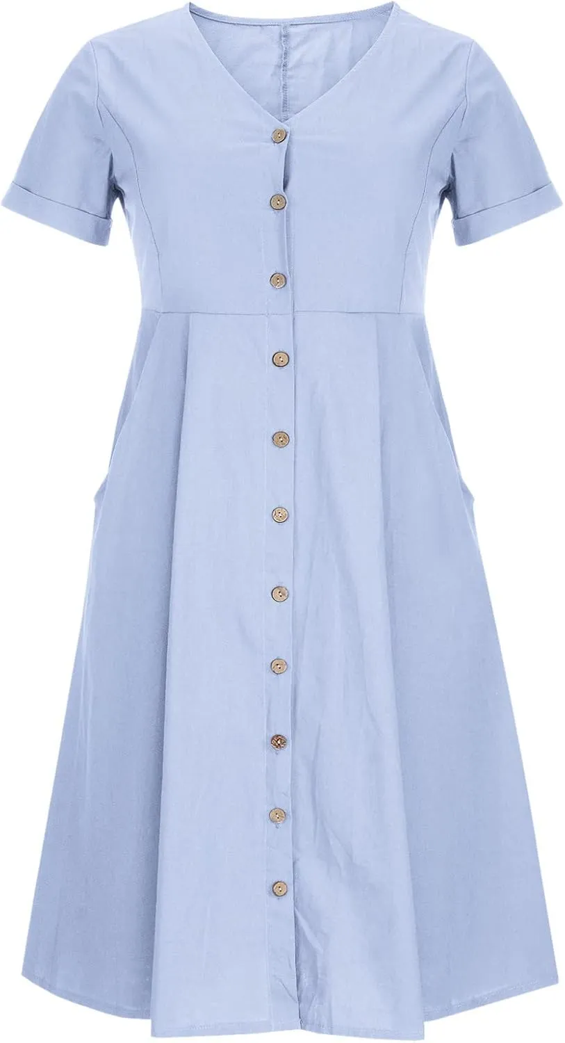 Womens Short Sleeve Casual Midi Dress Solid Color Loose Casual Cotton Linen Dresses Lightweight Sundress