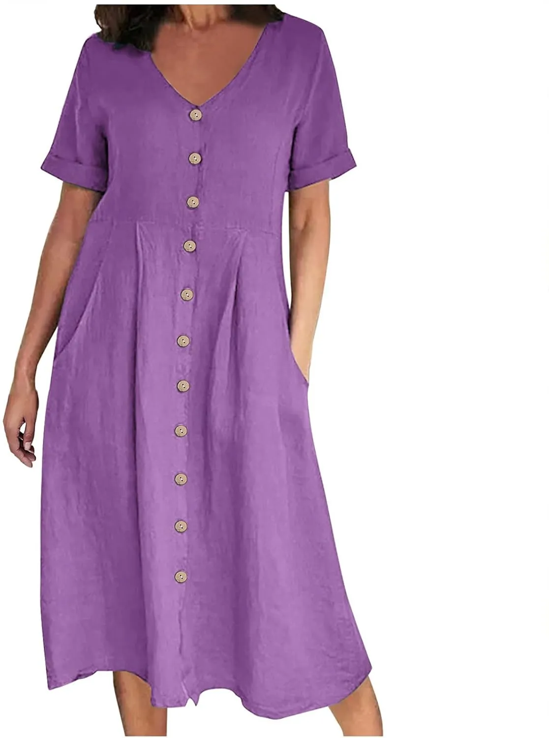 Womens Short Sleeve Casual Midi Dress Solid Color Loose Casual Cotton Linen Dresses Lightweight Sundress
