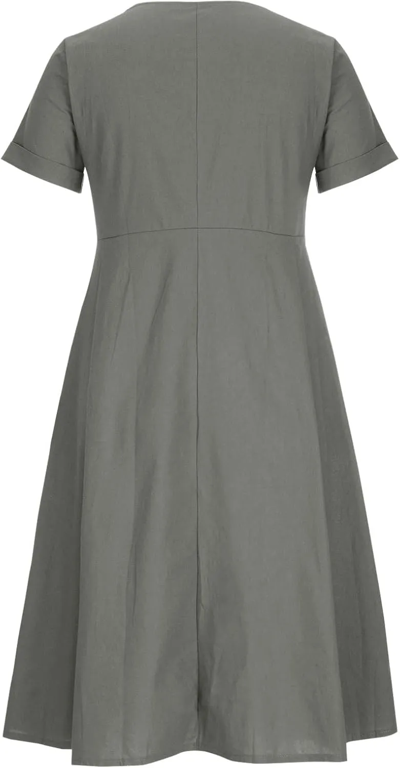 Womens Short Sleeve Casual Midi Dress Solid Color Loose Casual Cotton Linen Dresses Lightweight Sundress