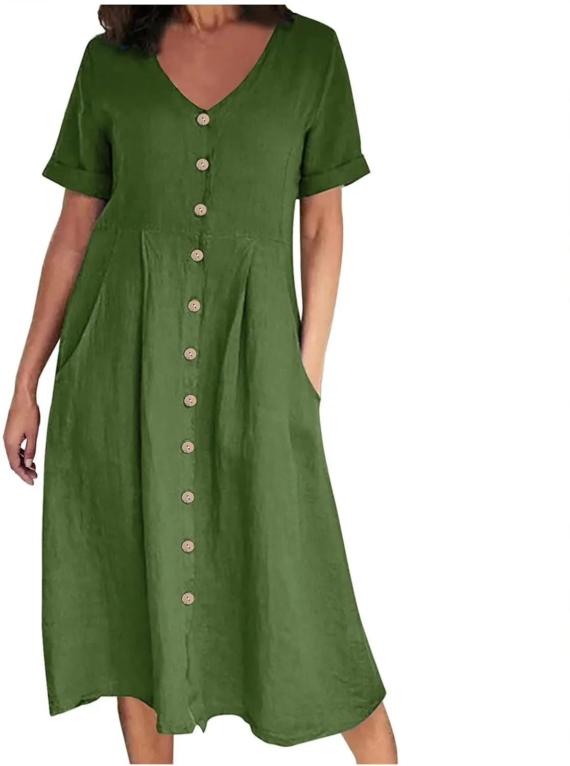 Womens Short Sleeve Casual Midi Dress Solid Color Loose Casual Cotton Linen Dresses Lightweight Sundress