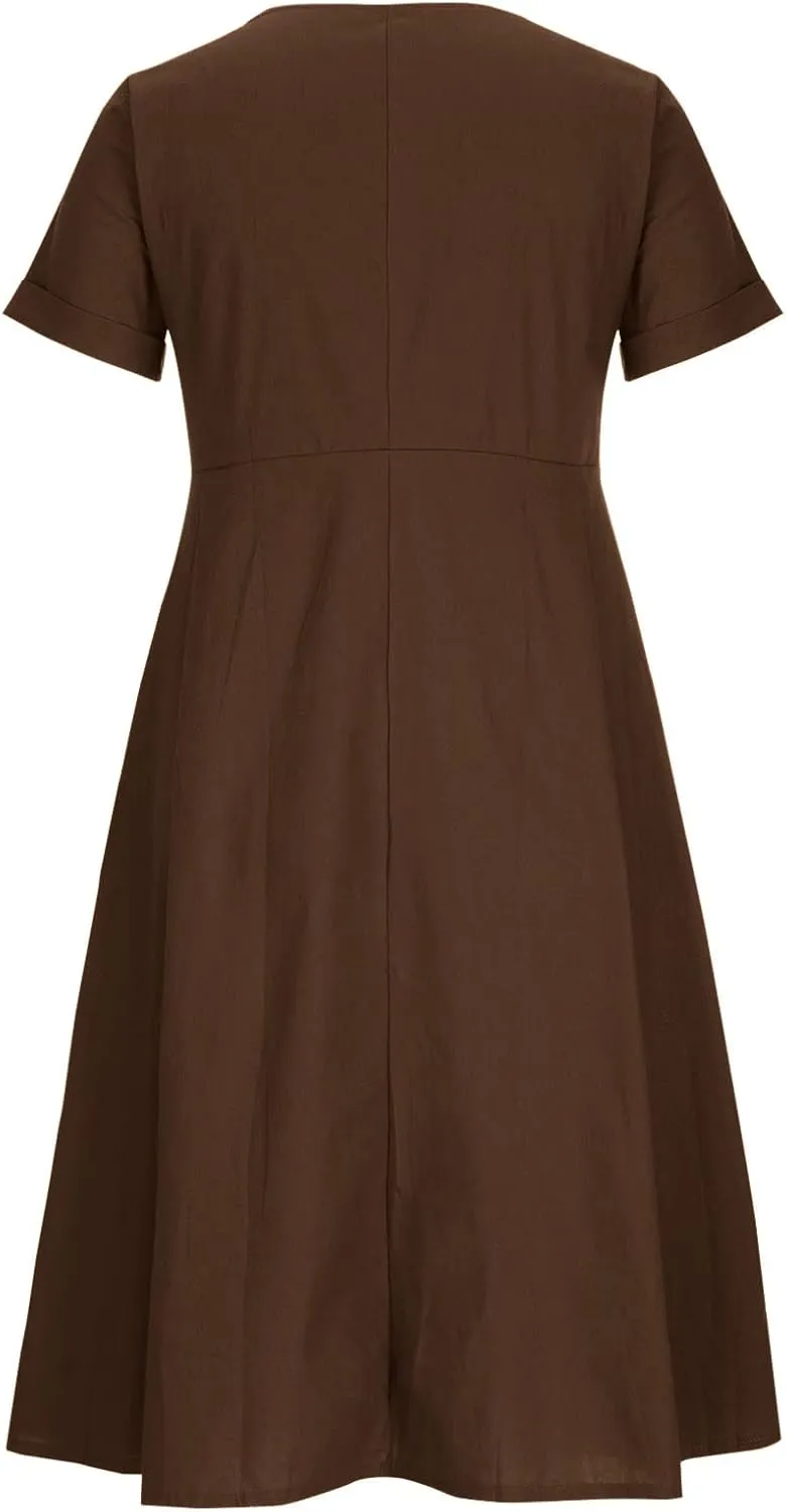 Womens Short Sleeve Casual Midi Dress Solid Color Loose Casual Cotton Linen Dresses Lightweight Sundress