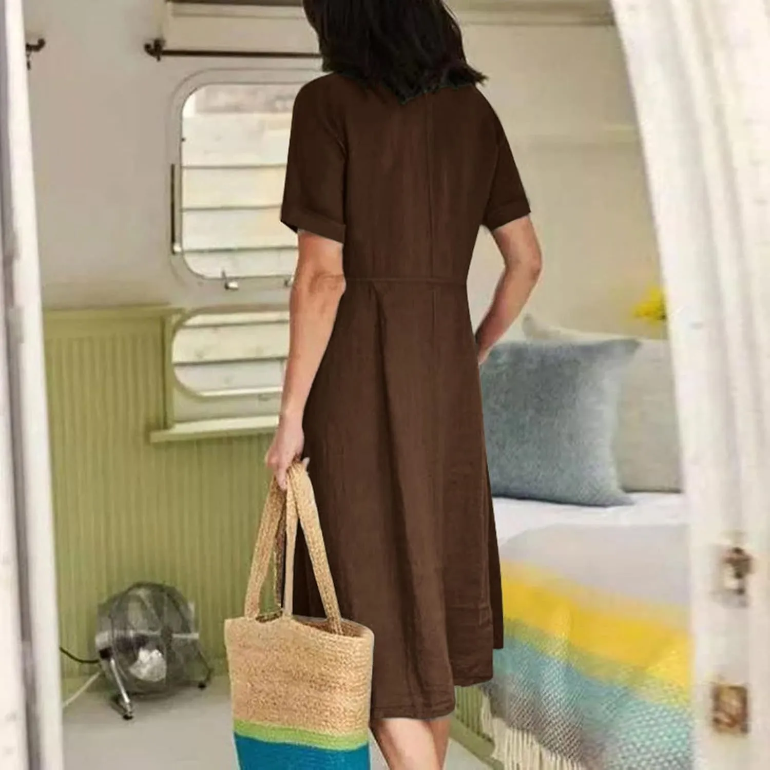 Womens Short Sleeve Casual Midi Dress Solid Color Loose Casual Cotton Linen Dresses Lightweight Sundress