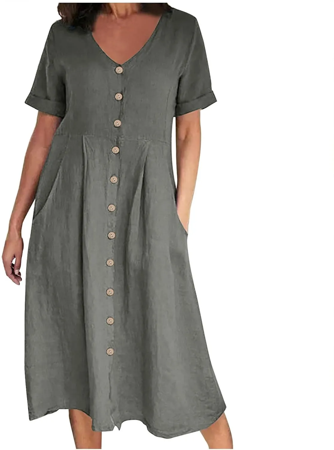 Womens Short Sleeve Casual Midi Dress Solid Color Loose Casual Cotton Linen Dresses Lightweight Sundress