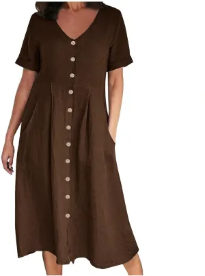 Womens Short Sleeve Casual Midi Dress Solid Color Loose Casual Cotton Linen Dresses Lightweight Sundress