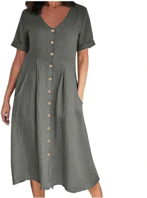 Womens Short Sleeve Casual Midi Dress Solid Color Loose Casual Cotton Linen Dresses Lightweight Sundress