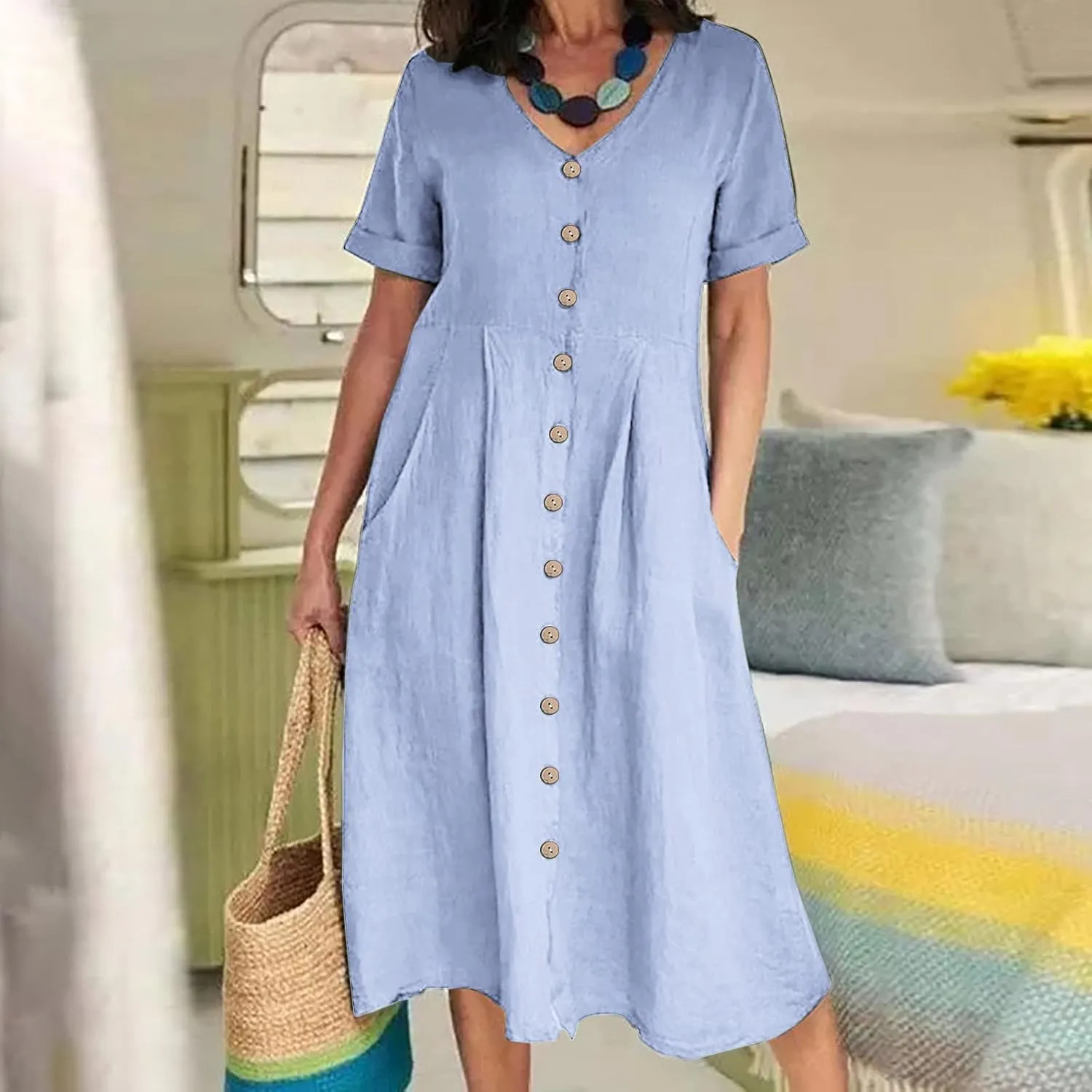 Womens Short Sleeve Casual Midi Dress Solid Color Loose Casual Cotton Linen Dresses Lightweight Sundress
