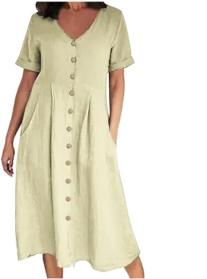 Womens Short Sleeve Casual Midi Dress Solid Color Loose Casual Cotton Linen Dresses Lightweight Sundress