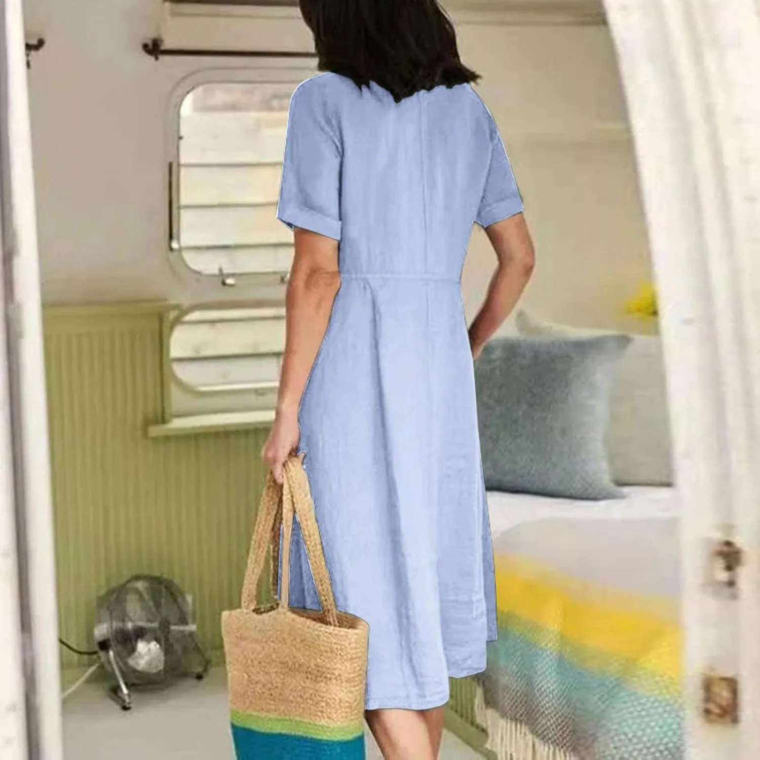 Womens Short Sleeve Casual Midi Dress Solid Color Loose Casual Cotton Linen Dresses Lightweight Sundress