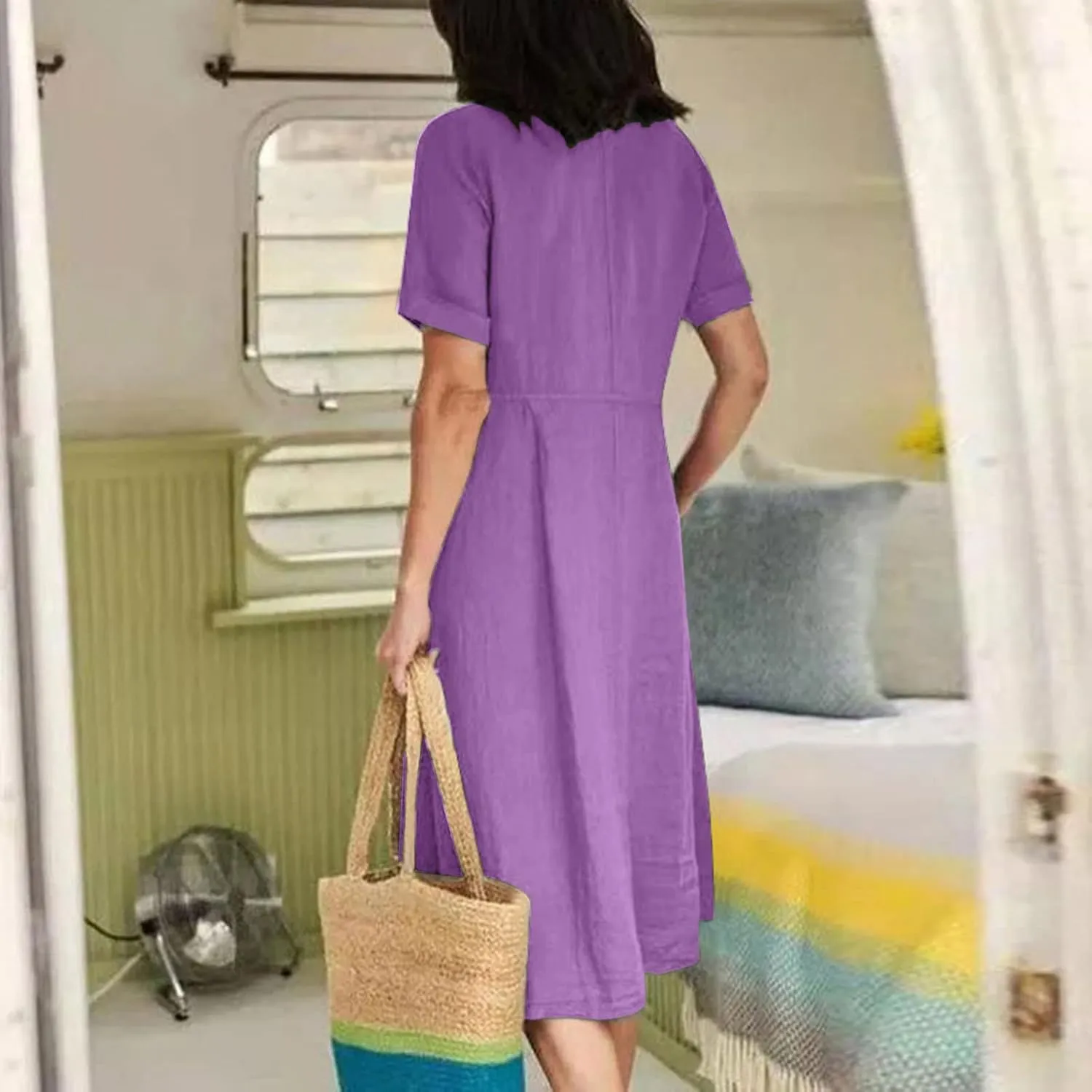 Womens Short Sleeve Casual Midi Dress Solid Color Loose Casual Cotton Linen Dresses Lightweight Sundress