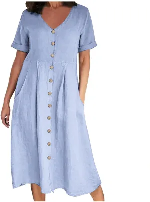 Womens Short Sleeve Casual Midi Dress Solid Color Loose Casual Cotton Linen Dresses Lightweight Sundress