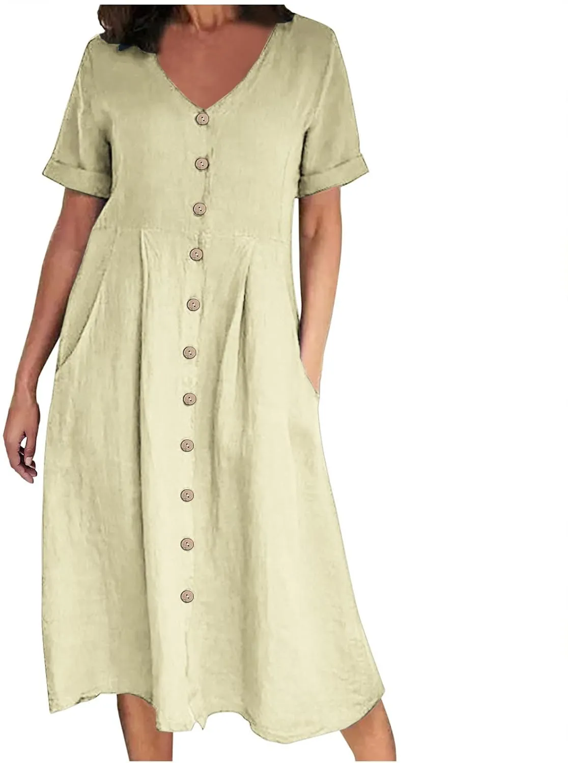 Womens Short Sleeve Casual Midi Dress Solid Color Loose Casual Cotton Linen Dresses Lightweight Sundress