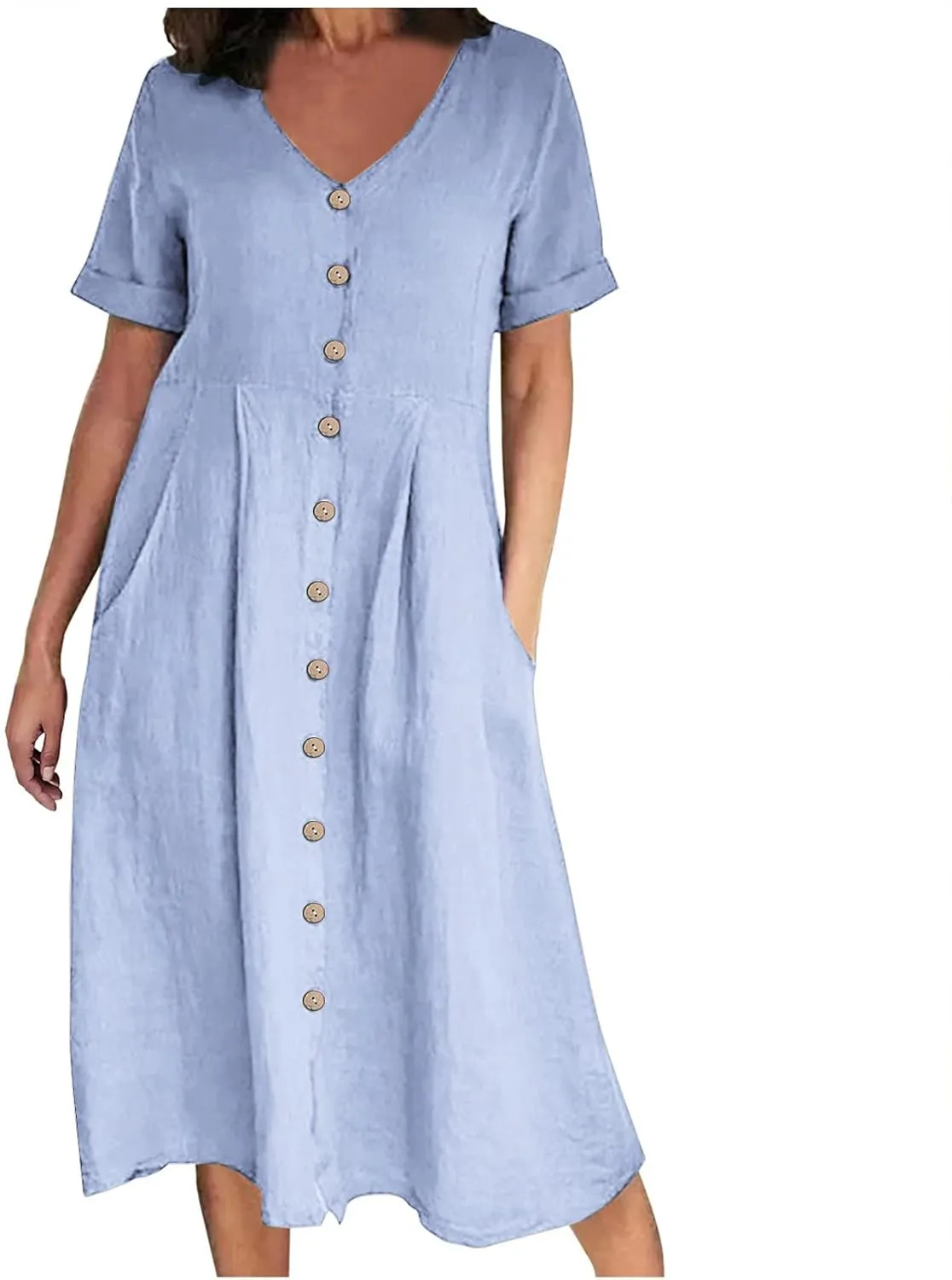 Womens Short Sleeve Casual Midi Dress Solid Color Loose Casual Cotton Linen Dresses Lightweight Sundress