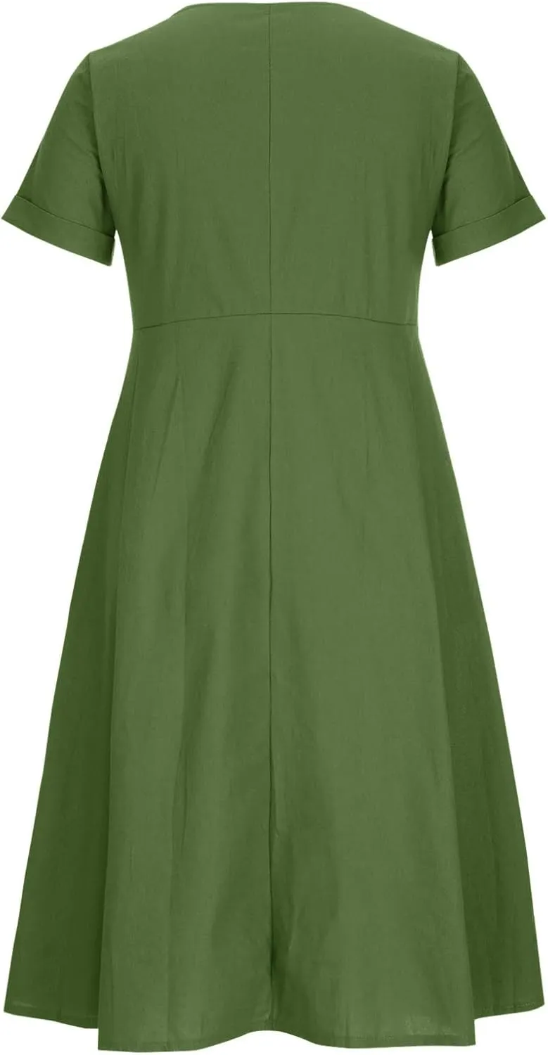 Womens Short Sleeve Casual Midi Dress Solid Color Loose Casual Cotton Linen Dresses Lightweight Sundress