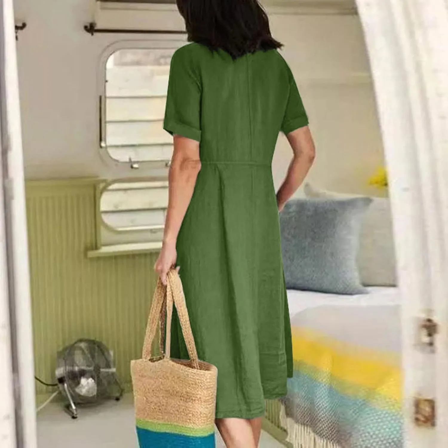 Womens Short Sleeve Casual Midi Dress Solid Color Loose Casual Cotton Linen Dresses Lightweight Sundress