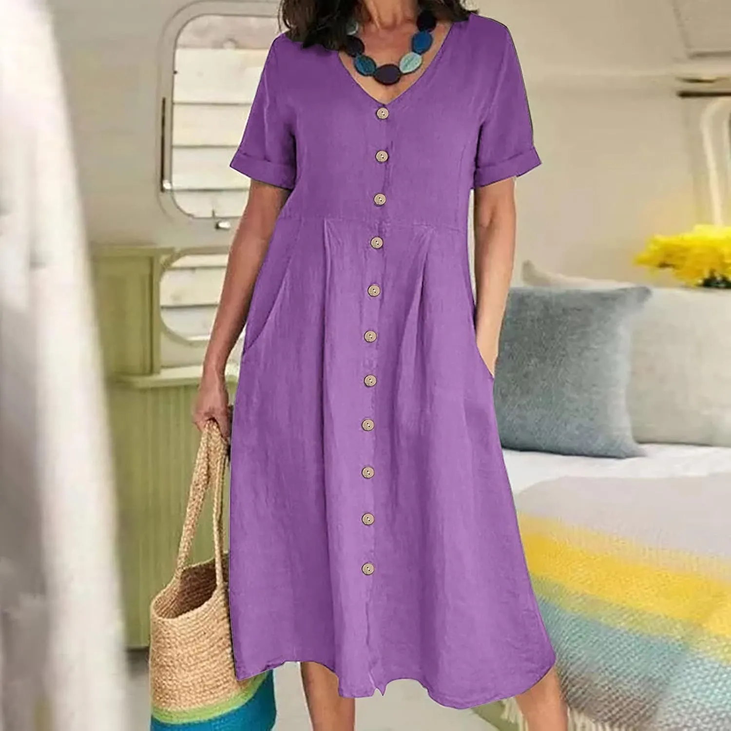Womens Short Sleeve Casual Midi Dress Solid Color Loose Casual Cotton Linen Dresses Lightweight Sundress