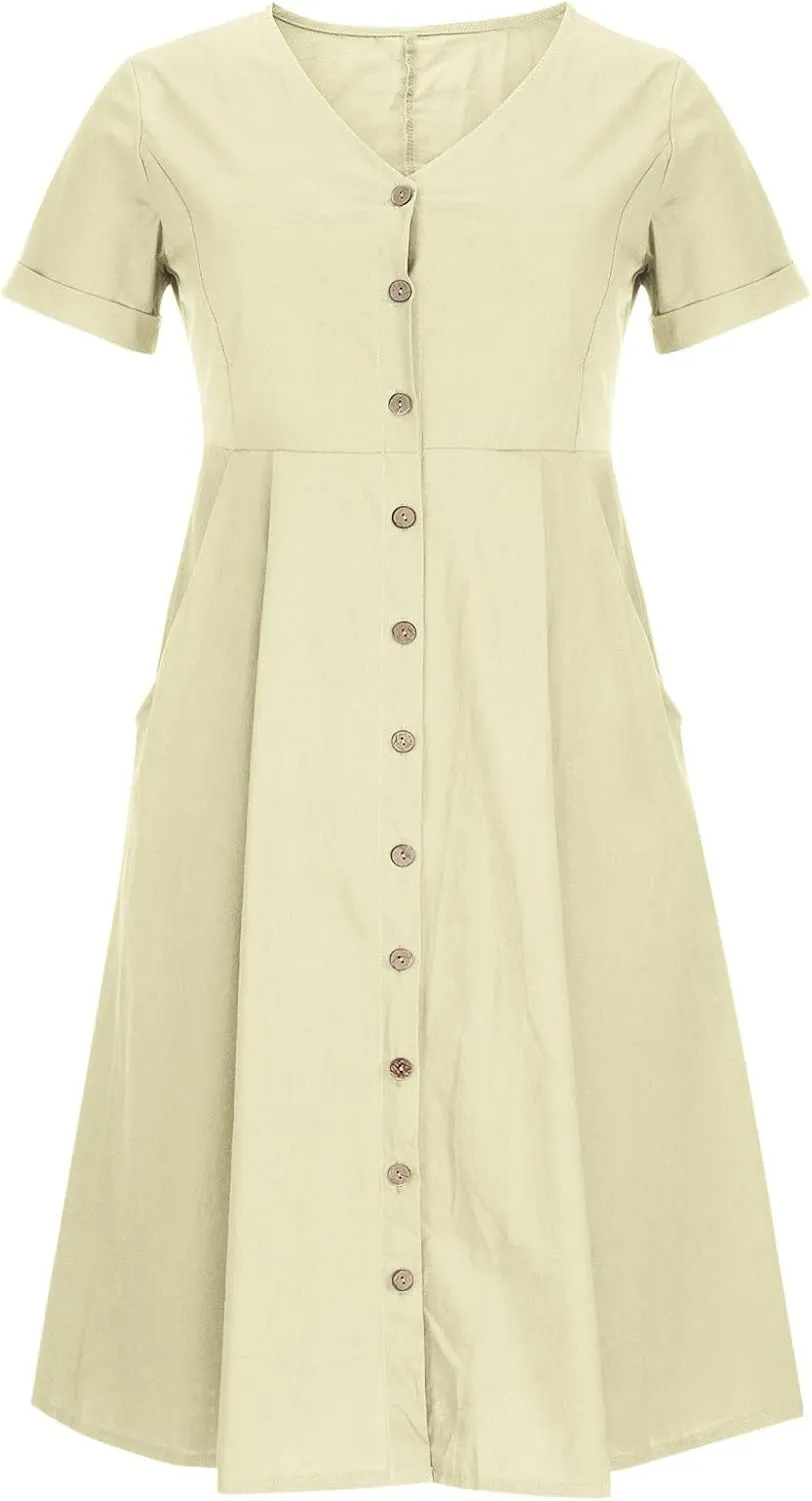 Womens Short Sleeve Casual Midi Dress Solid Color Loose Casual Cotton Linen Dresses Lightweight Sundress