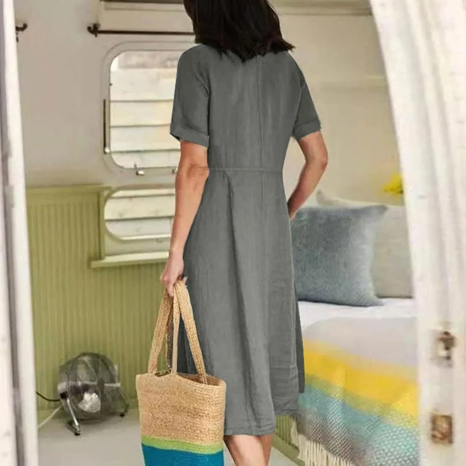 Womens Short Sleeve Casual Midi Dress Solid Color Loose Casual Cotton Linen Dresses Lightweight Sundress