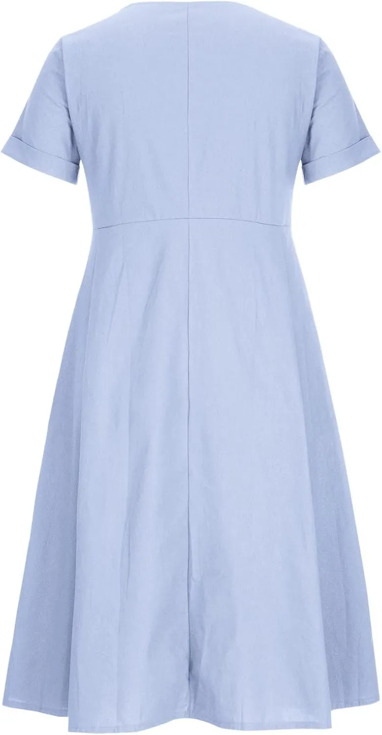 Womens Short Sleeve Casual Midi Dress Solid Color Loose Casual Cotton Linen Dresses Lightweight Sundress