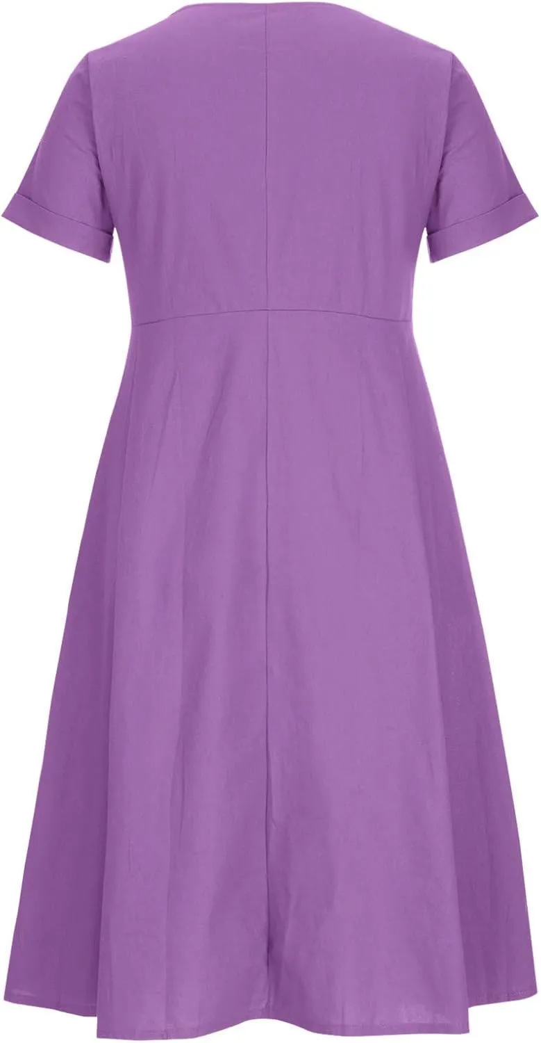 Womens Short Sleeve Casual Midi Dress Solid Color Loose Casual Cotton Linen Dresses Lightweight Sundress