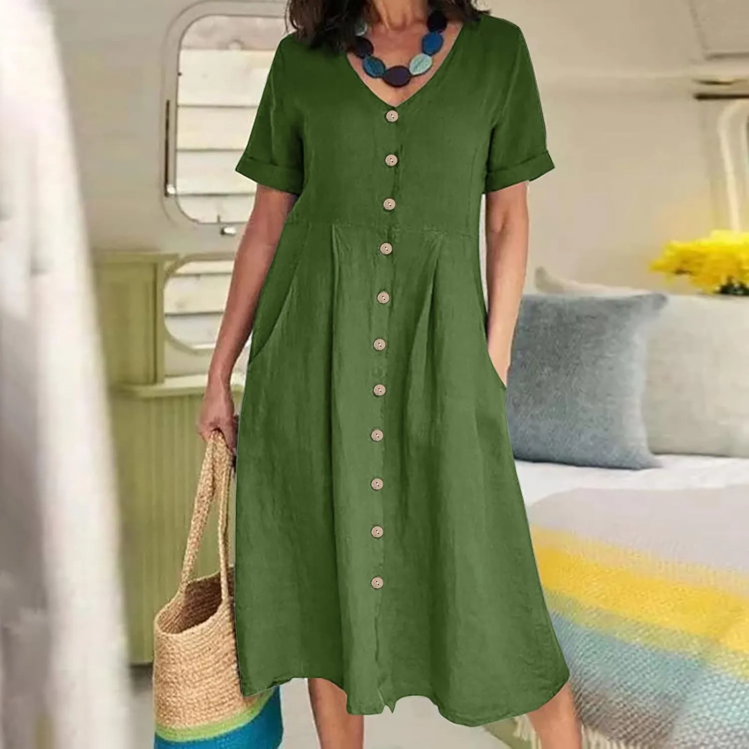 Womens Short Sleeve Casual Midi Dress Solid Color Loose Casual Cotton Linen Dresses Lightweight Sundress