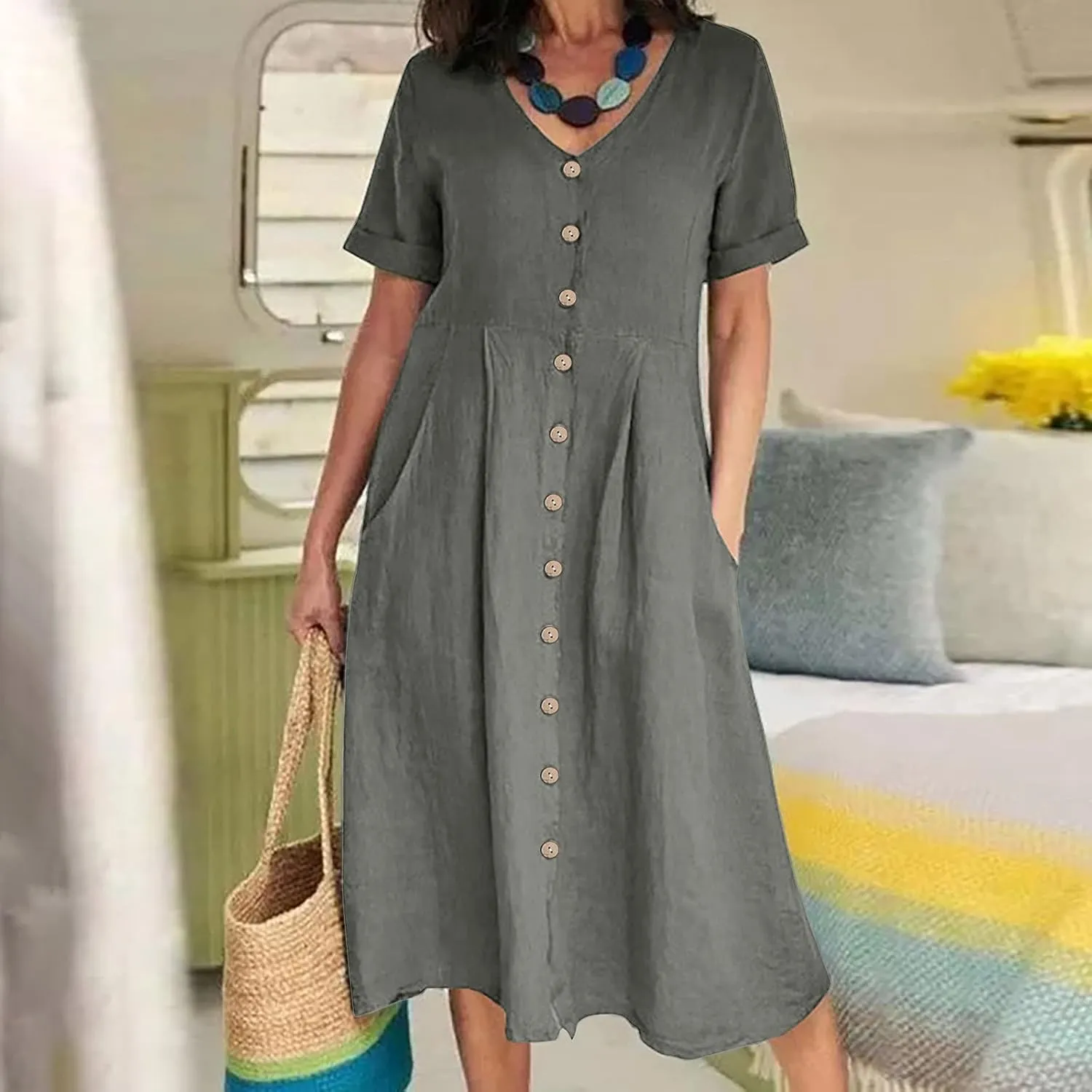 Womens Short Sleeve Casual Midi Dress Solid Color Loose Casual Cotton Linen Dresses Lightweight Sundress