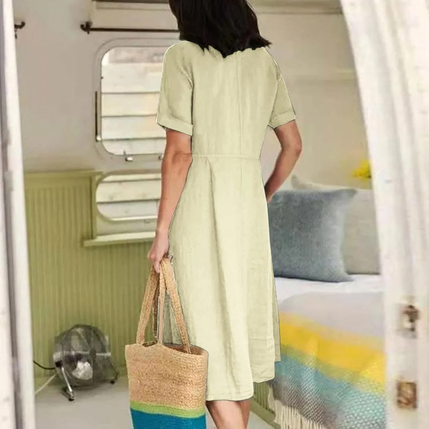 Womens Short Sleeve Casual Midi Dress Solid Color Loose Casual Cotton Linen Dresses Lightweight Sundress