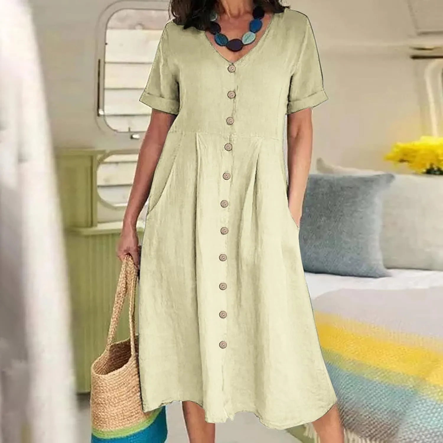 Womens Short Sleeve Casual Midi Dress Solid Color Loose Casual Cotton Linen Dresses Lightweight Sundress