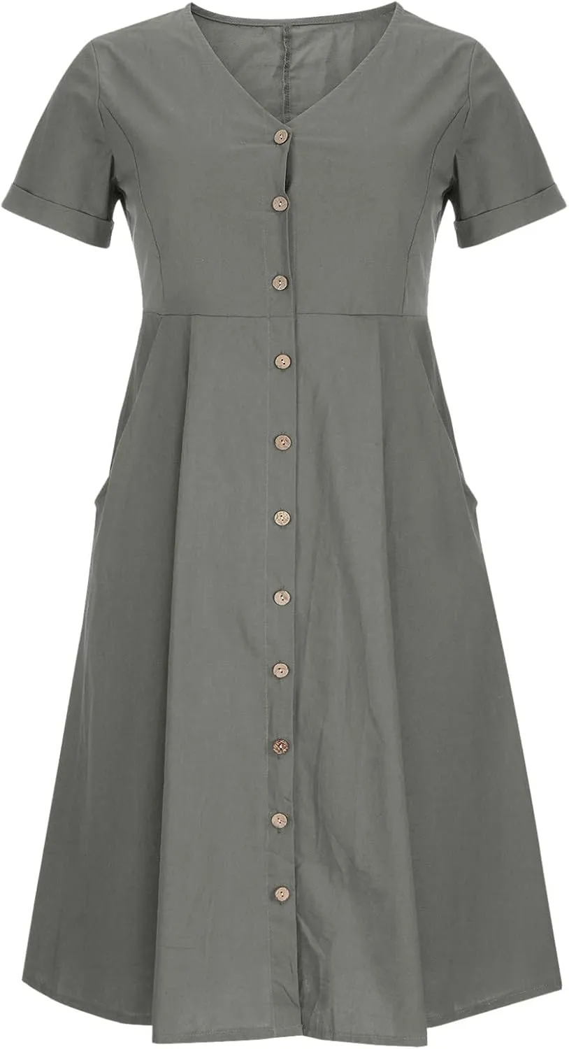 Womens Short Sleeve Casual Midi Dress Solid Color Loose Casual Cotton Linen Dresses Lightweight Sundress