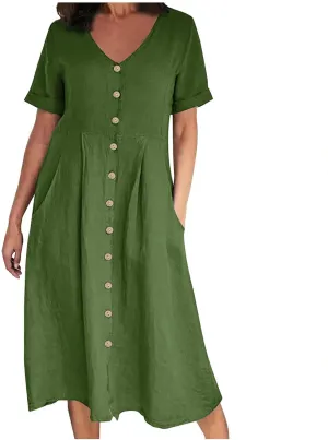 Womens Short Sleeve Casual Midi Dress Solid Color Loose Casual Cotton Linen Dresses Lightweight Sundress