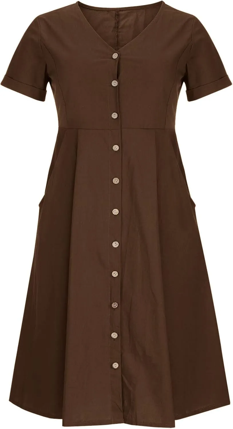 Womens Short Sleeve Casual Midi Dress Solid Color Loose Casual Cotton Linen Dresses Lightweight Sundress