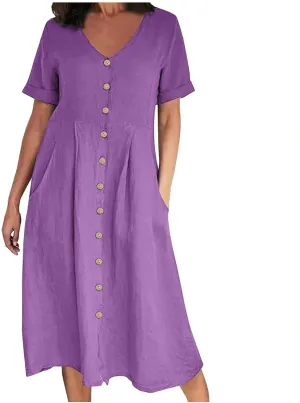 Womens Short Sleeve Casual Midi Dress Solid Color Loose Casual Cotton Linen Dresses Lightweight Sundress