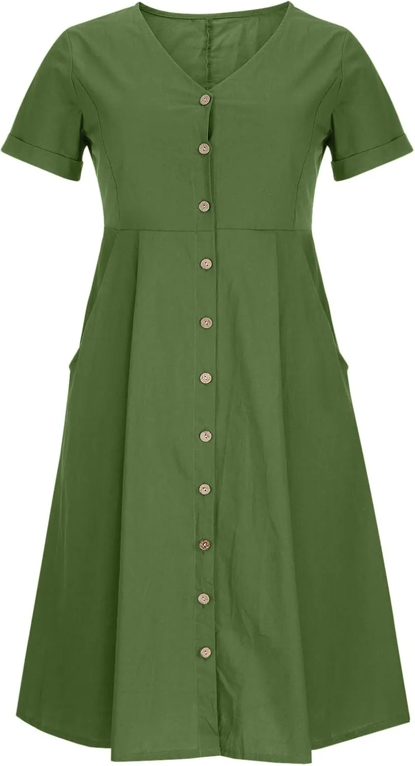 Womens Short Sleeve Casual Midi Dress Solid Color Loose Casual Cotton Linen Dresses Lightweight Sundress
