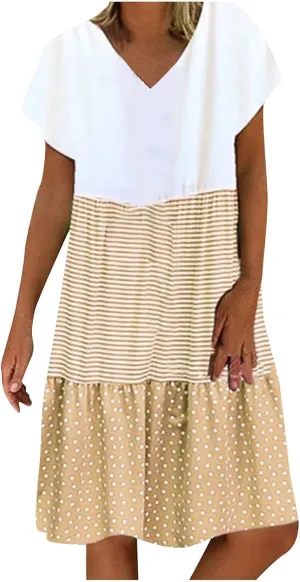 Womens Short Sleeve Loose Summer Dresses Color Block Sundresses Casual Fashion Knee Length Vacation Dresses