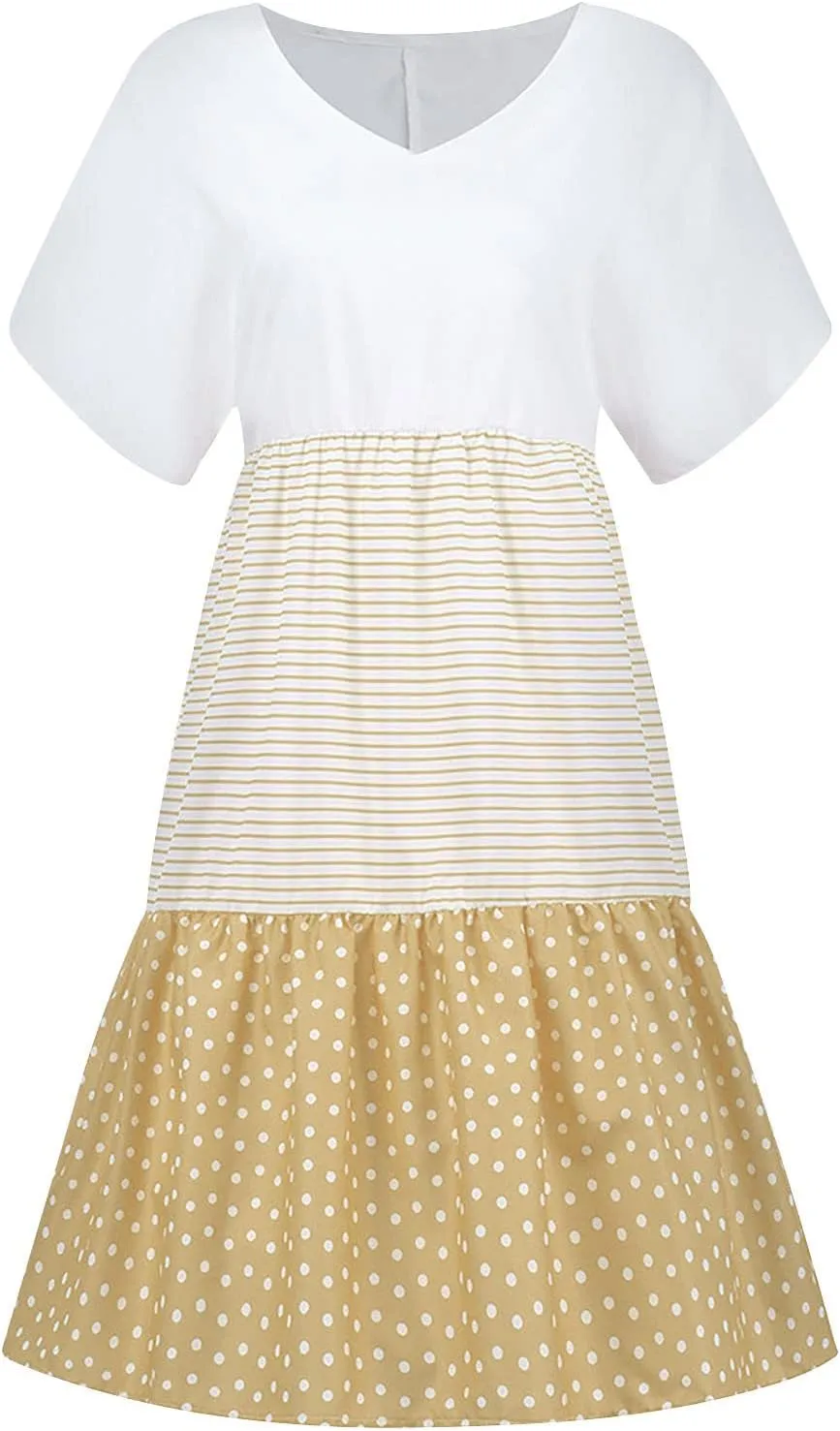 Womens Short Sleeve Loose Summer Dresses Color Block Sundresses Casual Fashion Knee Length Vacation Dresses