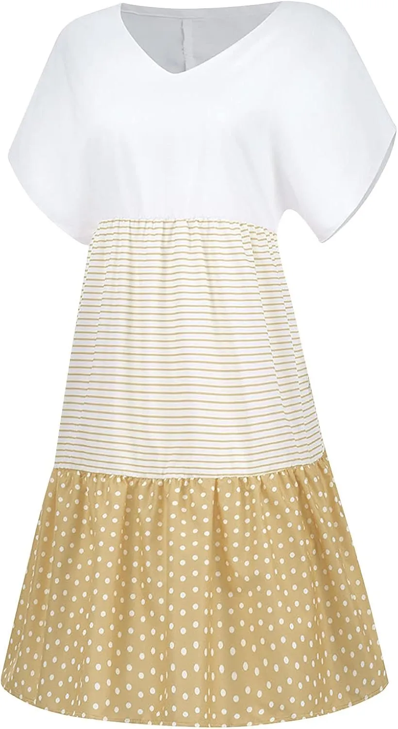 Womens Short Sleeve Loose Summer Dresses Color Block Sundresses Casual Fashion Knee Length Vacation Dresses