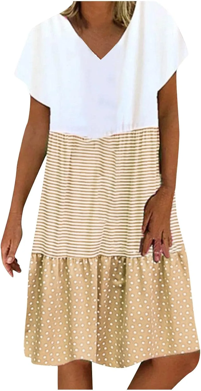 Womens Short Sleeve Loose Summer Dresses Color Block Sundresses Casual Fashion Knee Length Vacation Dresses