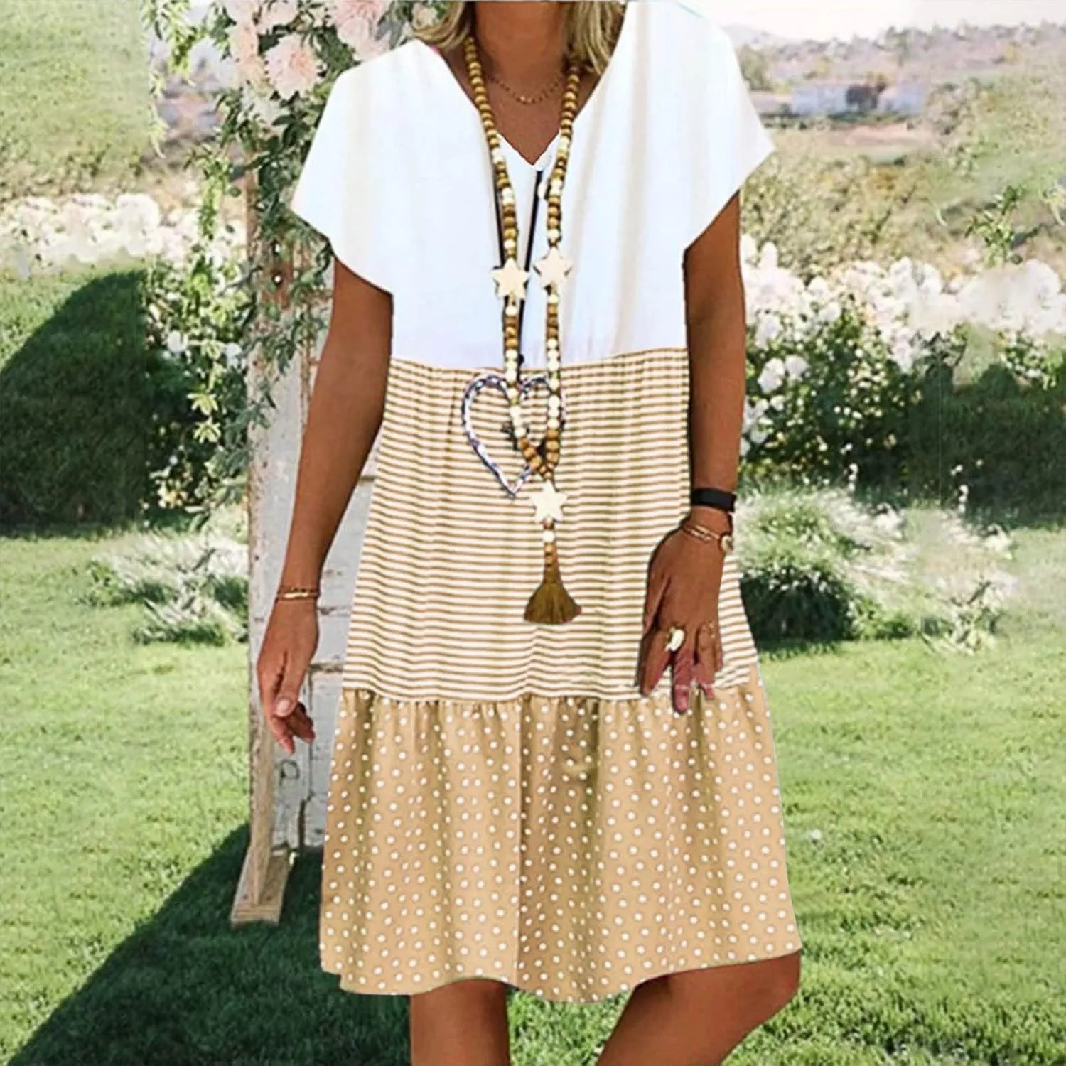 Womens Short Sleeve Loose Summer Dresses Color Block Sundresses Casual Fashion Knee Length Vacation Dresses