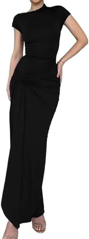 Women's Short Sleeve Ruched Bodycon Maxi Dresses Casual Sleeveless Wedding Guest Dresses