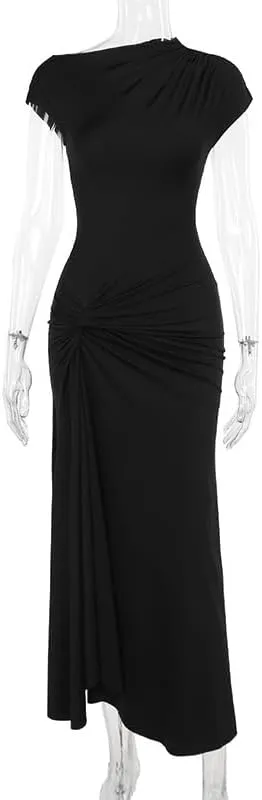 Women's Short Sleeve Ruched Bodycon Maxi Dresses Casual Sleeveless Wedding Guest Dresses