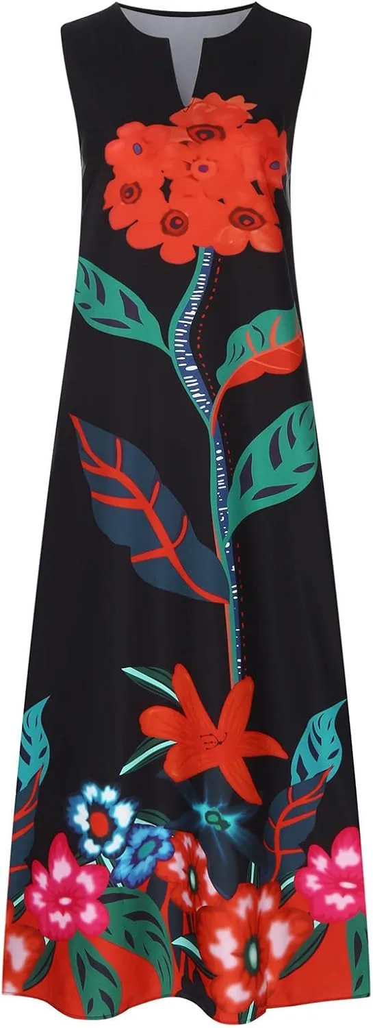 Womens Sleeveless Dresses Floral Dresses for Women V Neck Beach Hawaiian Maxi Long Summer Fall Dresses 2024